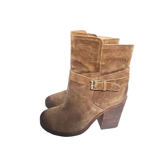 Sam Edelman  Suede Camel Factory Distressed Chunky Heel Booties Size 7.5 - Picture 3 of 11